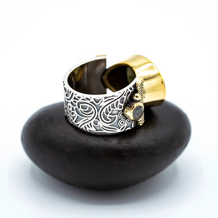 Sterling Silver Labradorite Cocktail Ring with Brass Accents