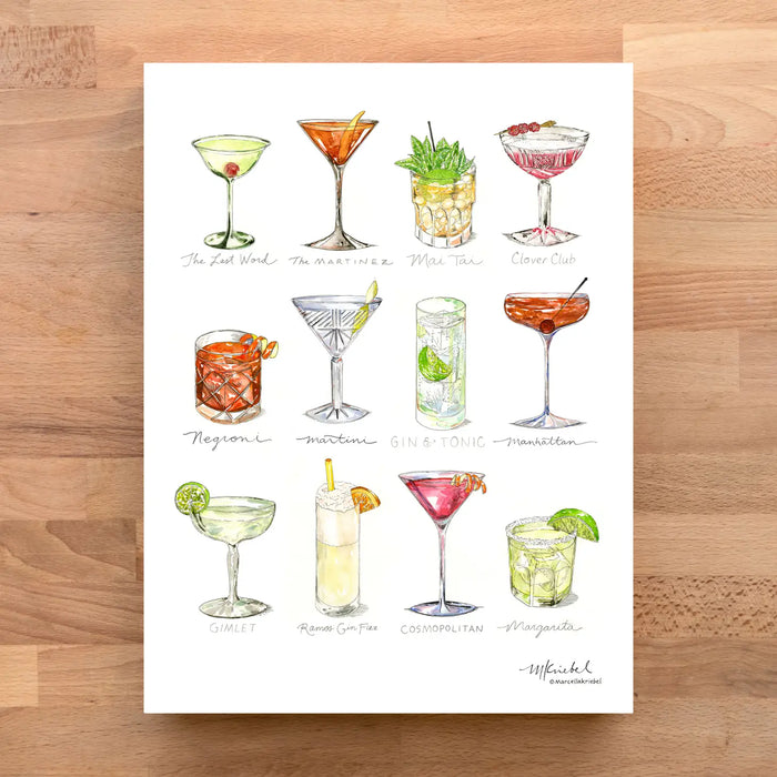 12 Cocktails Watercolor Art Print