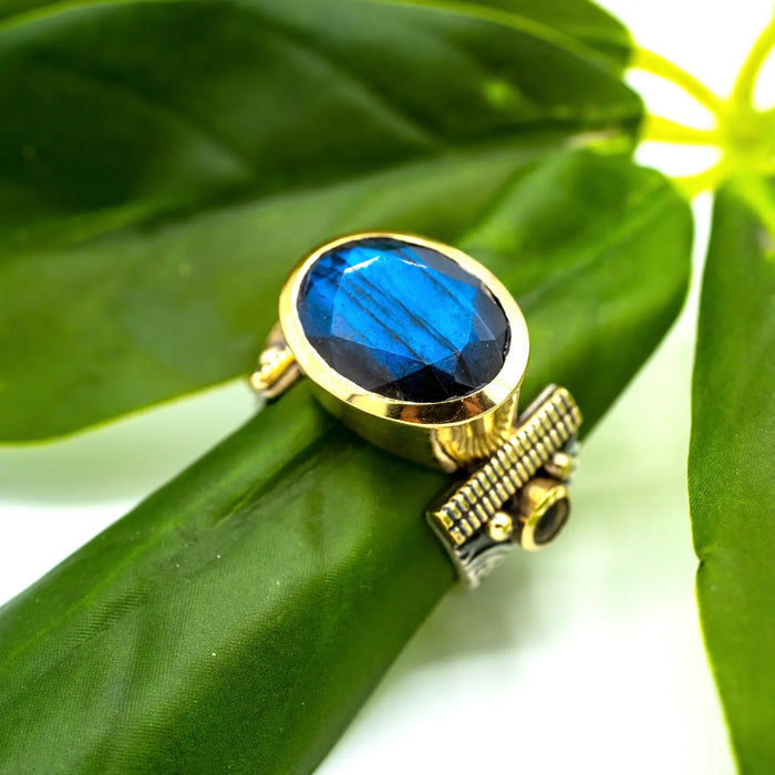 Sterling Silver Labradorite Cocktail Ring with Brass Accents