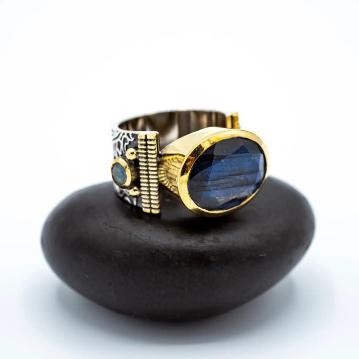 Sterling Silver Labradorite Cocktail Ring with Brass Accents