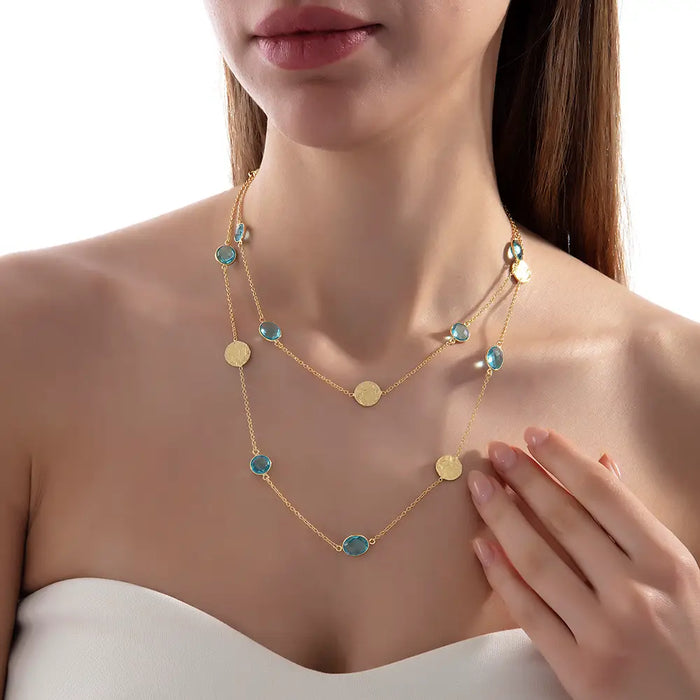 Light Blue Topaz Necklace with Hammered Disc Accents