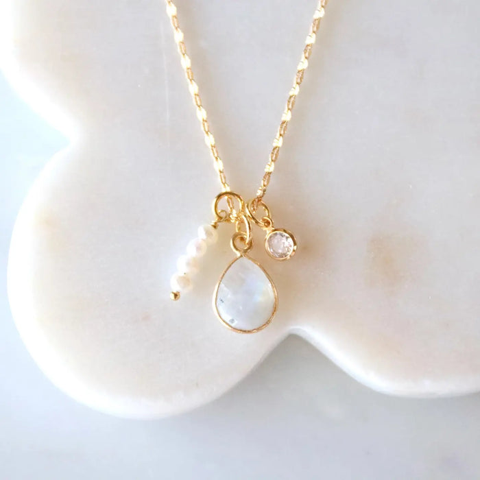 Moonstone, Freshwater Pearl, Charm Toggle Necklace