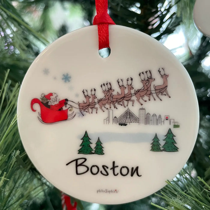 Santa Over Boston Skyline Ornament