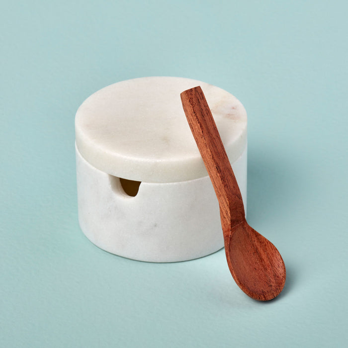 Salt Cellar with Wood Spoon - White Marble