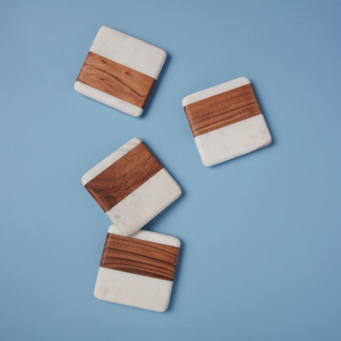 White Marble & Wood Square Coasters, Set of 4